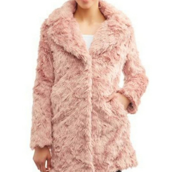 KENDALL + KYLIE CURLY FAUX FUR MID-LENGTH JACKET BLUSH FAUX FUR  REVERSIBLE - Picture 11 of 16